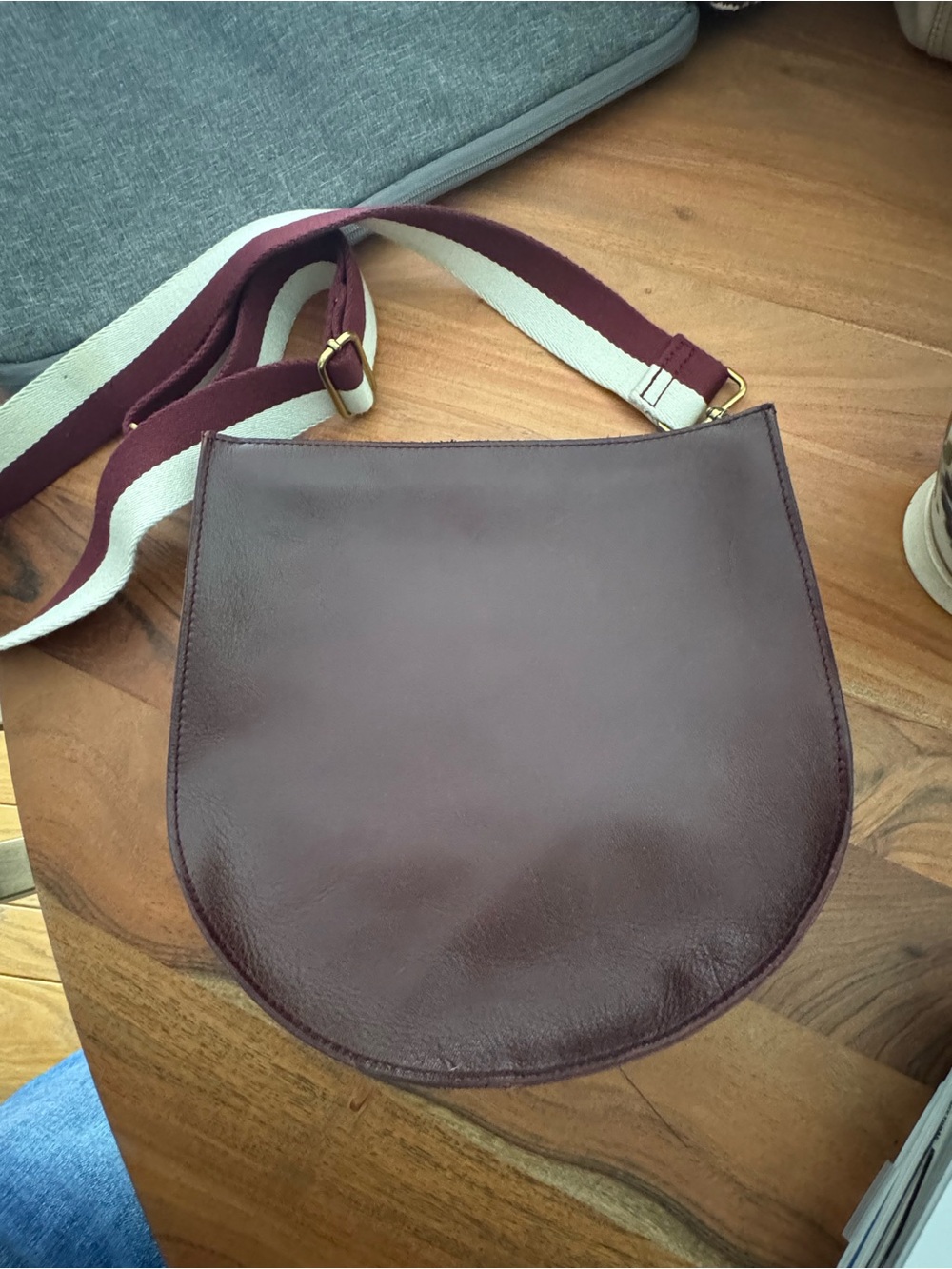 Madewell Burgundy Leather Saddle Crossbody with Striped Web Strap
